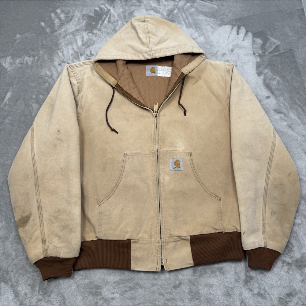 Vintage 80s Carhartt Jacket Mens XL Brown Canvas Hooded Active Work Coat JR106